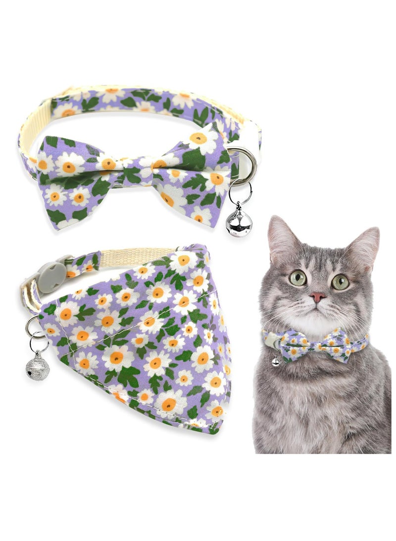 KASTWAVE 2Pcs Cat Collars, Cat Collar Breakaway with Bell, Adjustable Cat Collar with Bow Tie & Triangle Bib, Little Daisy Cat Collar with Silver Bell for Kitten Puppy, Pet Supplies, Accessories, Gifts - Image 1