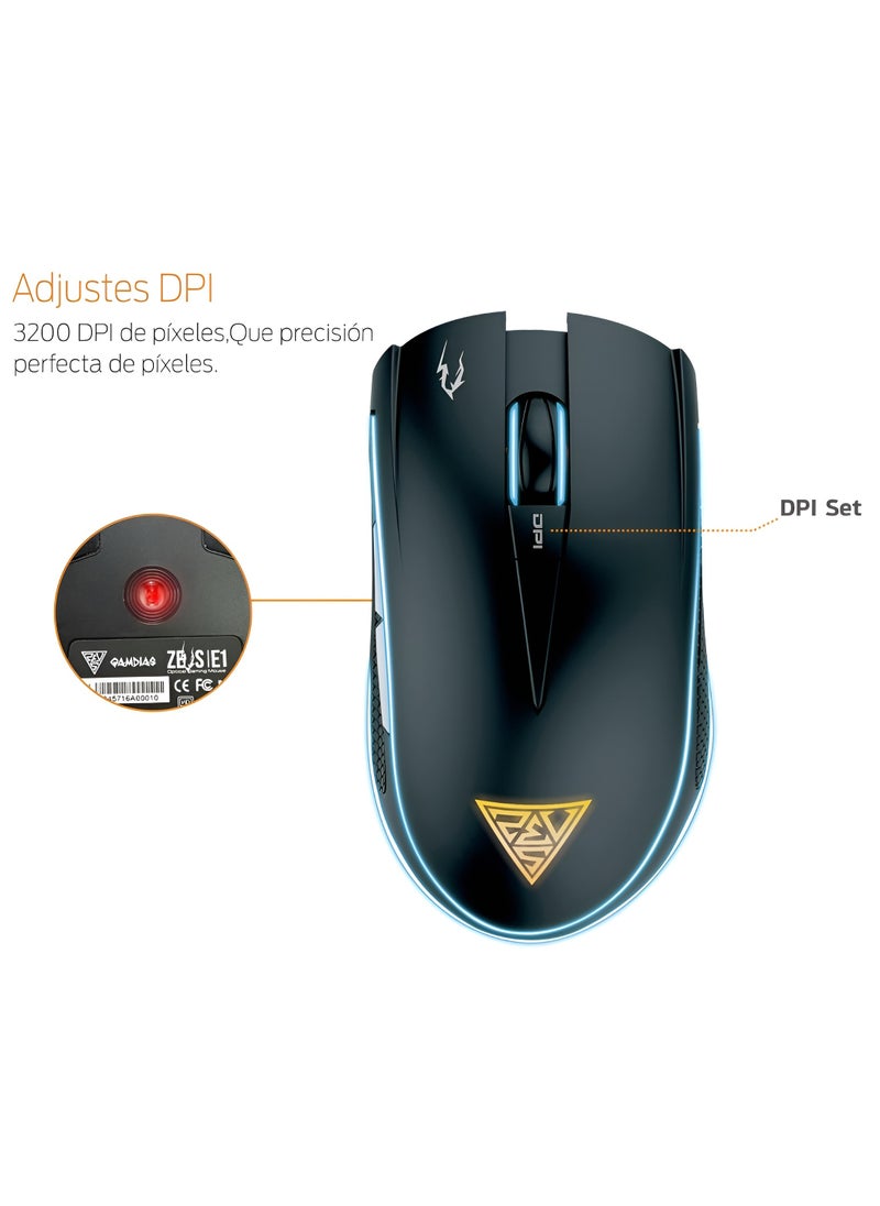 GAMDIAS - GAMDIAS ZEUS E2 Gaming Mouse with NYX E1 Mouse Mat - 6 Keys - Multi-color Lighting - Adjustable DPI-BLACK - Image 1
