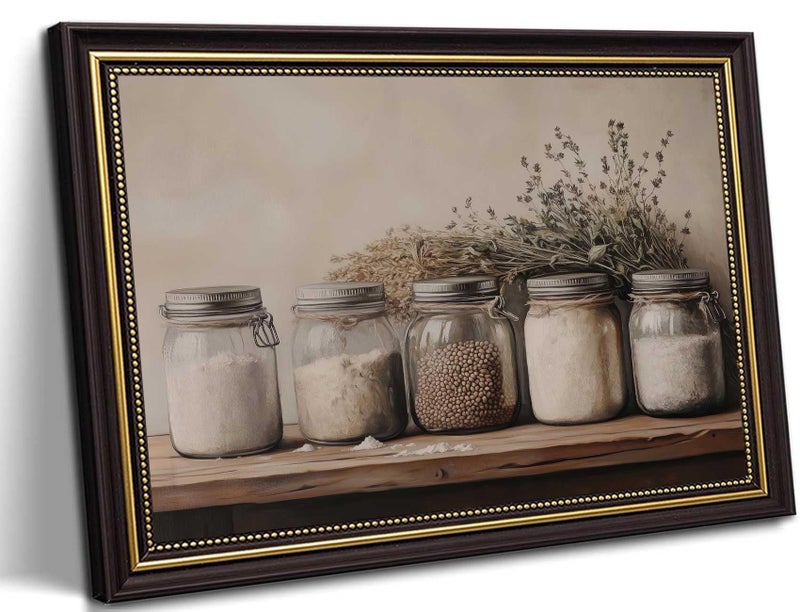 SMFARTJX Framed Farm Kitchen Canvas Wall art Rustic Vintage Country Mason Jar Spice Still Life Culinary art Painting Picture Farmhouse Wall Decor Poster Print Artwork for Dining room Home Decoration - Image 1