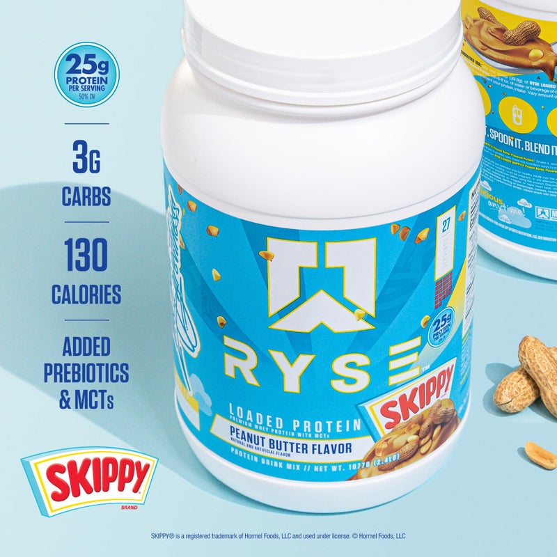 RYSE Up Supplements RYSE Loaded Protein Powder - Skippy Peanut Butter - 25g Whey Protein Isolate & Concentrate with Prebiotic Fiber & MCTs - Low Carb, Low Sugar, Digestive-Friendly - 27 Servings / 2 lb Tub - Image 4