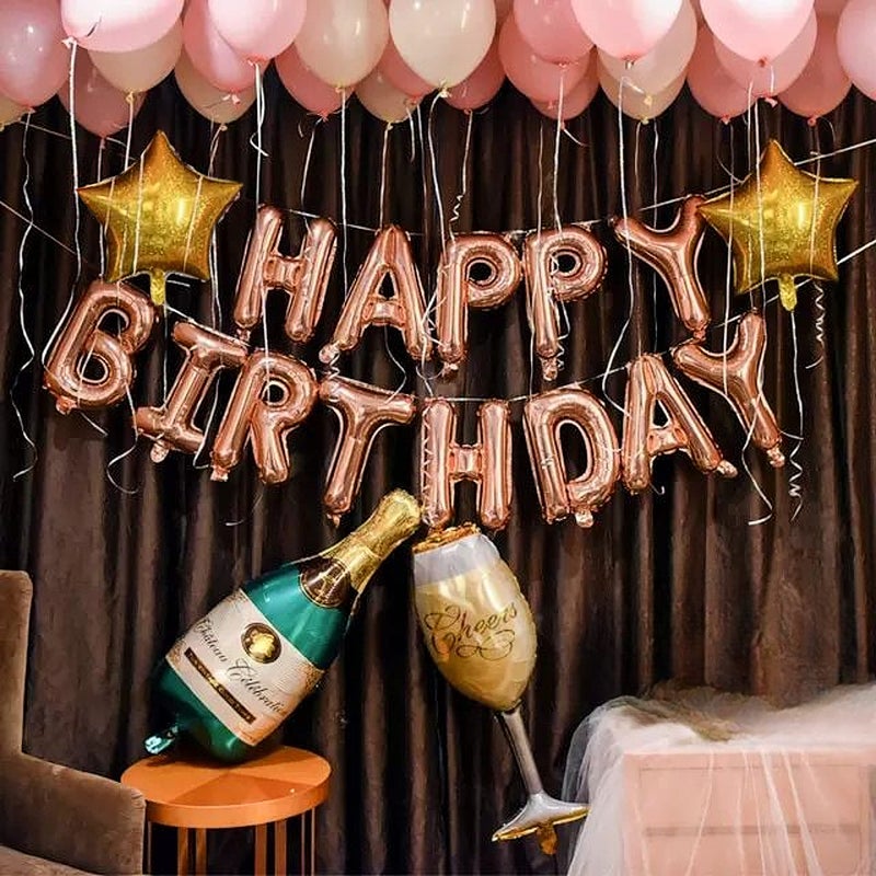 TOYXE Birthday Decoration Letter Star Champagne Bottle Cheer Glass Foil Latex Balloon Balloons Set of 57 Pcs - Image 4