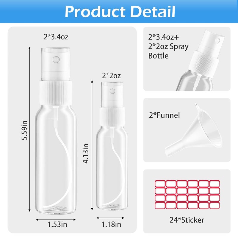 ZZCP Spray Bottles, 2oz/50ml, 3.4oz/100ml Clear Empty Fine Mist Plastic Mini Travel Bottle Set, Small Refillable Liquid Containers with 2pcs Funnels and 24pcs Labels (4 Pack) - Image 3