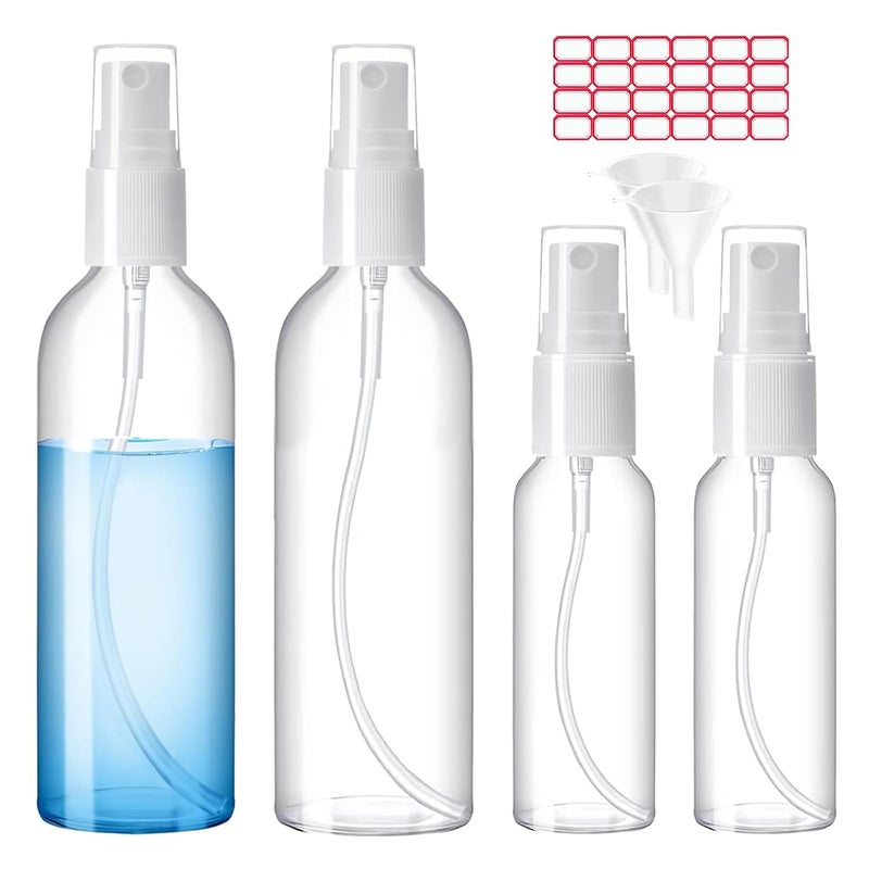 ZZCP Spray Bottles, 2oz/50ml, 3.4oz/100ml Clear Empty Fine Mist Plastic Mini Travel Bottle Set, Small Refillable Liquid Containers with 2pcs Funnels and 24pcs Labels (4 Pack) - Image 1