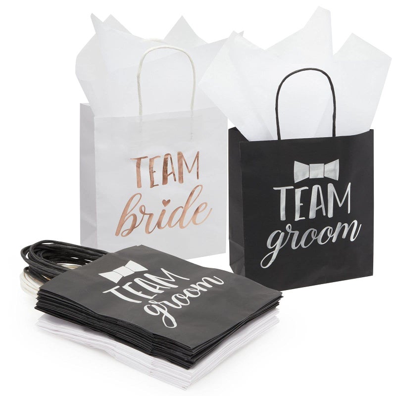 Juvale 20 Pack Bride and Groom Gift Bags with Tissue Paper for Wedding Groomsmen Bridesmaid Reads Team Bride and Team Groom 8 x 4 x 9 In