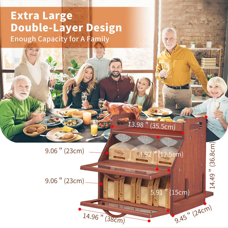 BAMBANG Extra Large Bread Box, Double Layer Bread Box for Homemade Bread, Bamboo Wooden Bread Storage Container with Tool Holder & Handles & Window, Assembly Required(14.9" x 11" x 15.3") Brown - Image 2
