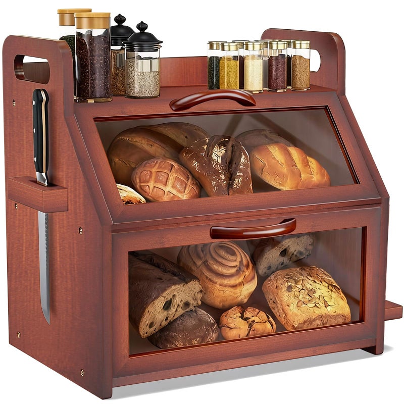BAMBANG Extra Large Bread Box, Double Layer Bread Box for Homemade Bread, Bamboo Wooden Bread Storage Container with Tool Holder & Handles & Window, Assembly Required(14.9" x 11" x 15.3") Brown - Image 1