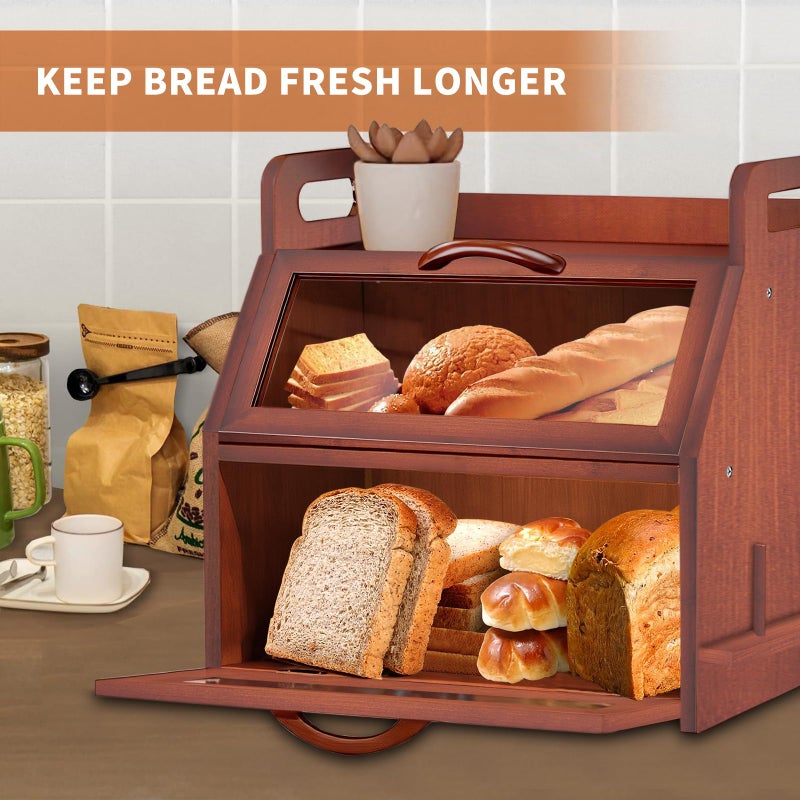 BAMBANG Extra Large Bread Box, Double Layer Bread Box for Homemade Bread, Bamboo Wooden Bread Storage Container with Tool Holder & Handles & Window, Assembly Required(14.9" x 11" x 15.3") Brown - Image 4