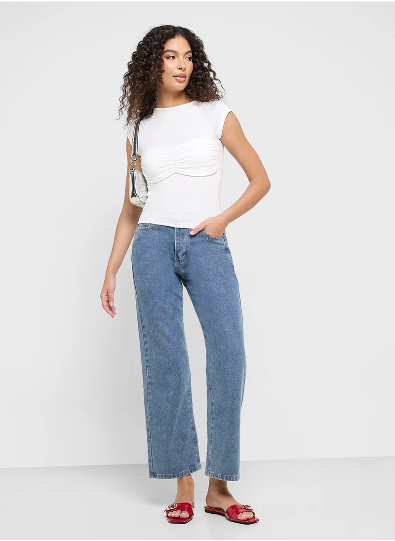 جينجر High Rise Straight Fit Jeans With Pocket Bow Detai
