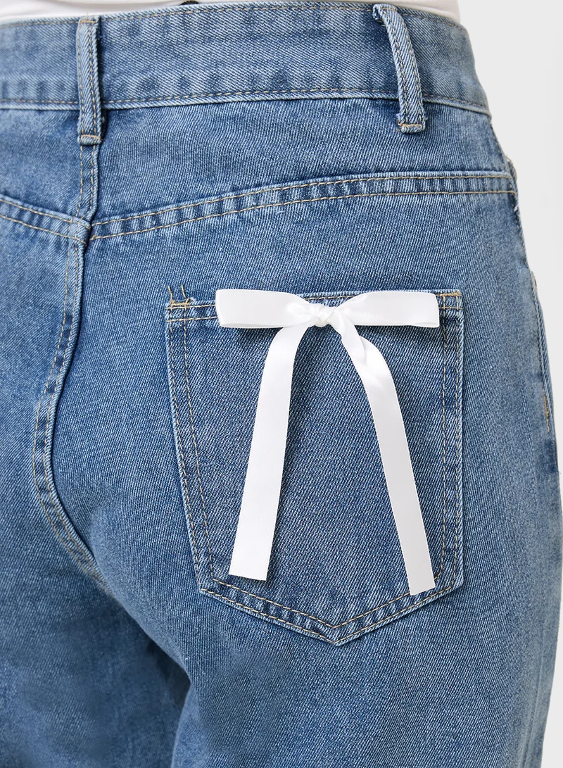 Ginger High Rise Straight Fit Jeans With Pocket Bow Detai