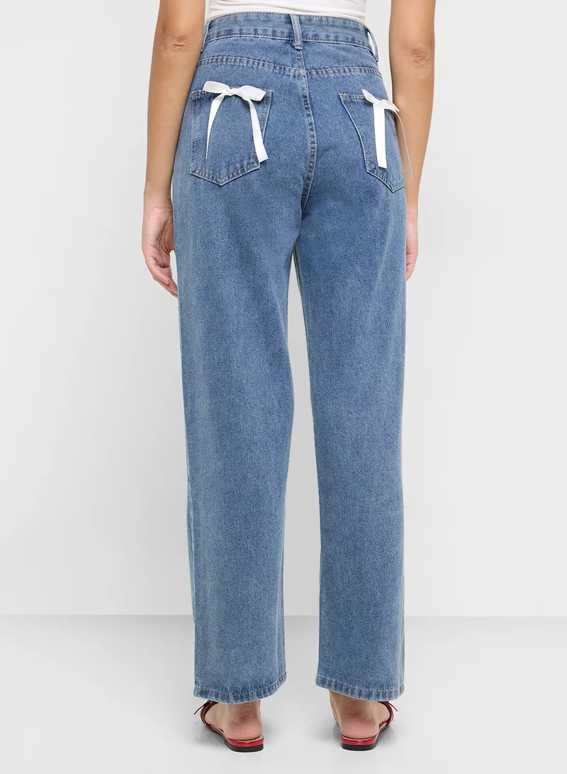 Ginger High Rise Straight Fit Jeans With Pocket Bow Detai