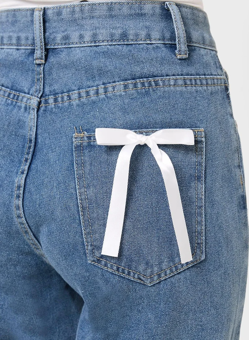 Ginger BLUE High Rise Straight Fit Jeans With Pocket Bow Detai for Women | Best Price UAE