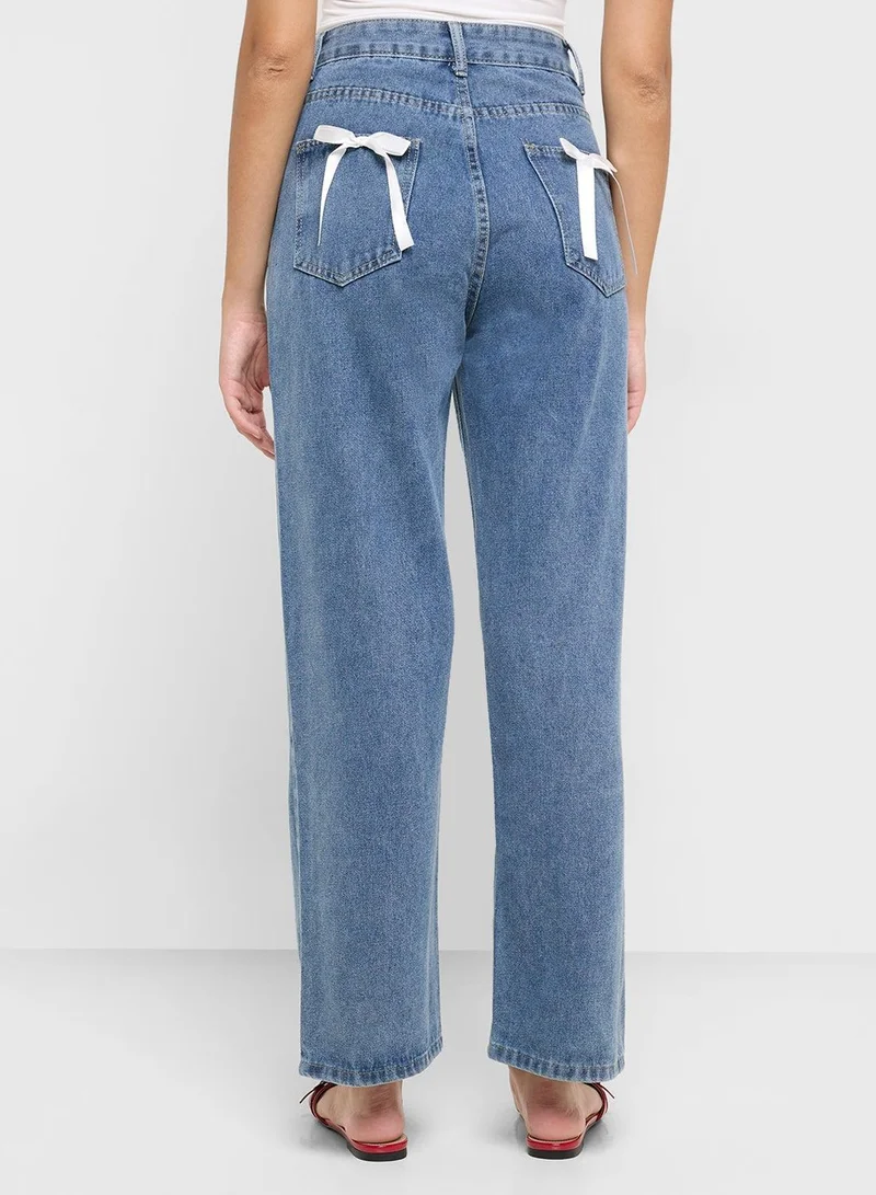 Ginger BLUE High Rise Straight Fit Jeans With Pocket Bow Detai for Women | Best Price UAE