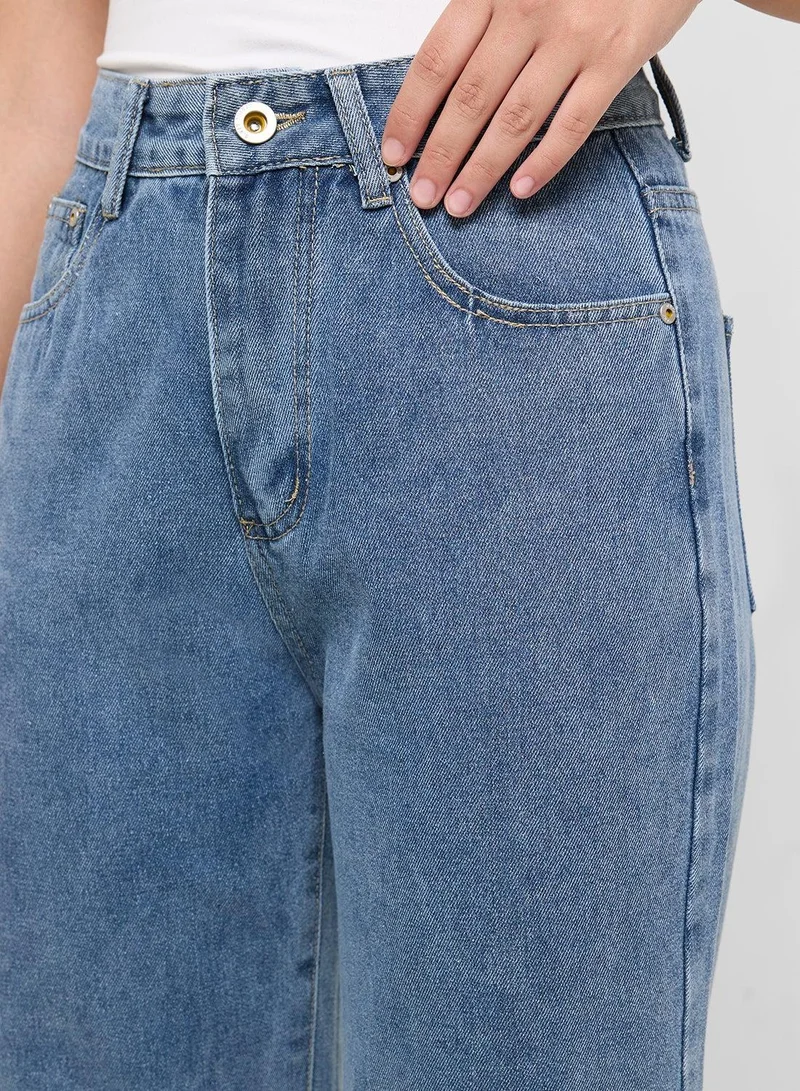 Ginger BLUE High Rise Straight Fit Jeans With Pocket Bow Detai for Women | Best Price UAE