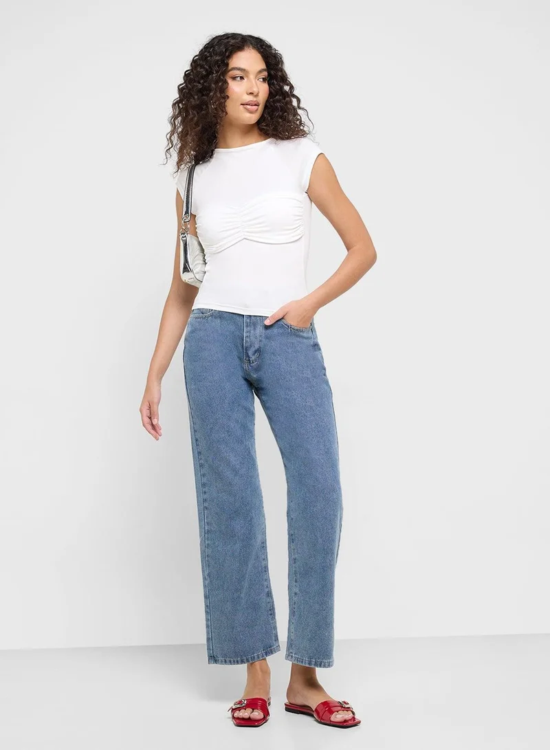 Ginger BLUE High Rise Straight Fit Jeans With Pocket Bow Detai for Women | Best Price UAE