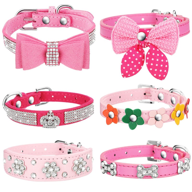 Saintrygo 6 Pcs Puppy Collars Pink Rhinestones Dog Cat Collar Bling Diamond with Rhinestone Crown Flowers Bowtie Bone Decoration for Dogs Cats(X-Small) - Image 1