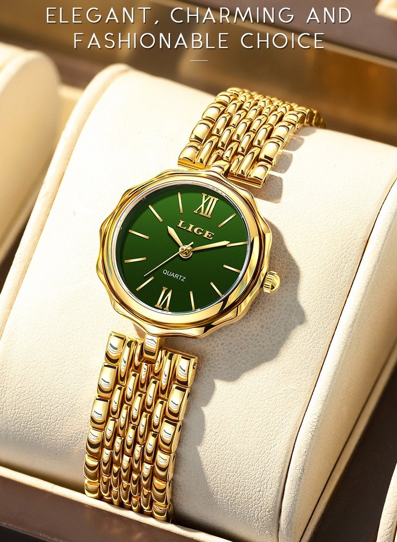 LIGE ​​LIGE Women's Fashion Watch - Gold-Tone Stainless Steel Strap with Green Dial, Mini Bracelet Design, Modern Luxe Style for Daily & Special Occasions​​  - Image 2