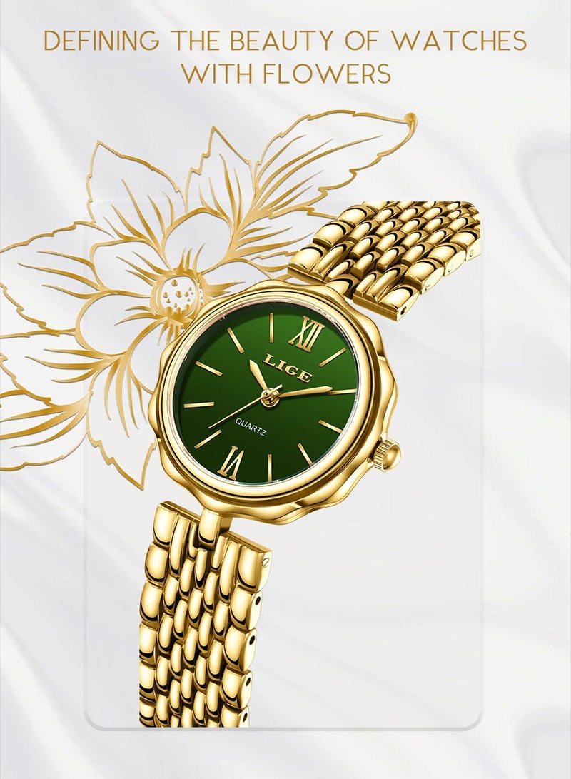 LIGE ​​LIGE Women's Fashion Watch - Gold-Tone Stainless Steel Strap with Green Dial, Mini Bracelet Design, Modern Luxe Style for Daily & Special Occasions​​  - Image 3