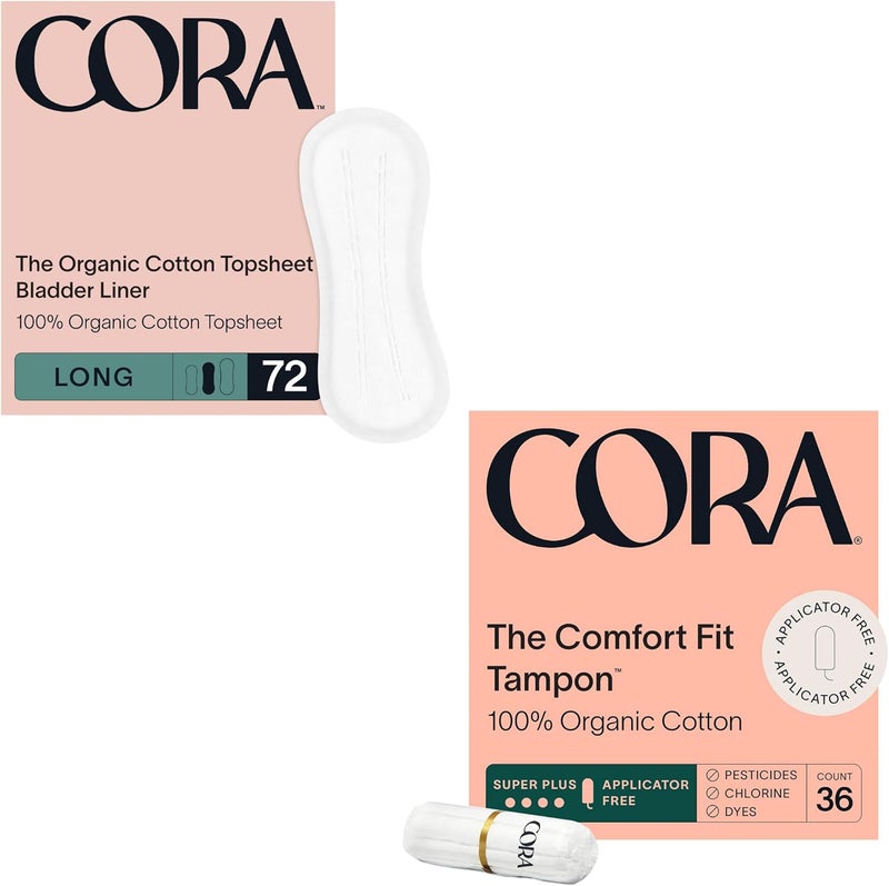 Cora Organic Feminine Care  72 Long Bladder Liners Incontinence  Postpartum Pads and 36S NonApplicator Tampon Pack  UltraAbsorbent Unscented Natural NonToxic  Bundle Pack - Image 1