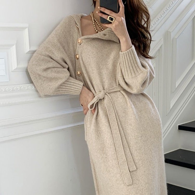 Knit Sweater Dress Waist-Tie Autumn 2024 Black - Image 4