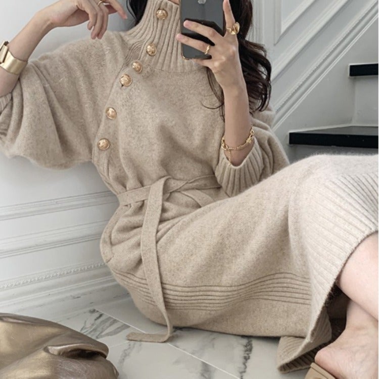Knit Sweater Dress Waist-Tie Autumn 2024 Black - Image 5
