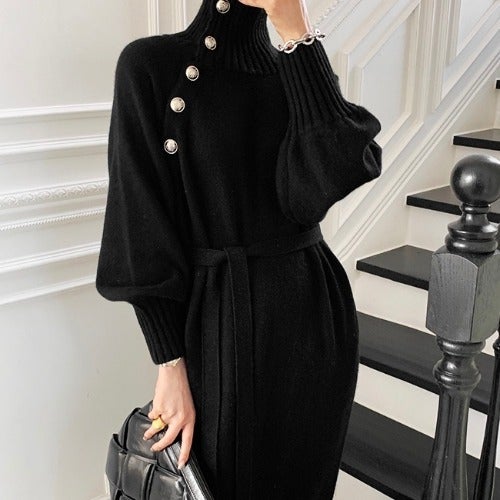 Knit Sweater Dress Waist-Tie Autumn 2024 Black - Image 1
