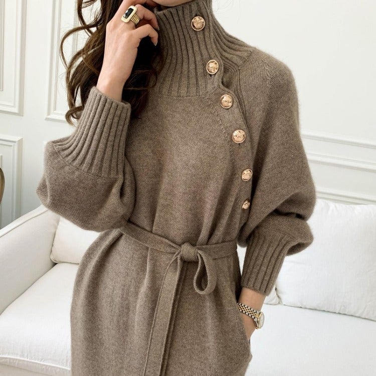 Knit Sweater Dress Waist-Tie Autumn 2024 Black - Image 3