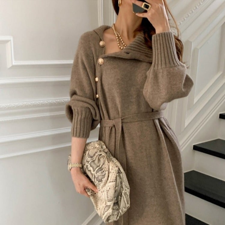 Knit Sweater Dress Waist-Tie Autumn 2024 Black - Image 2