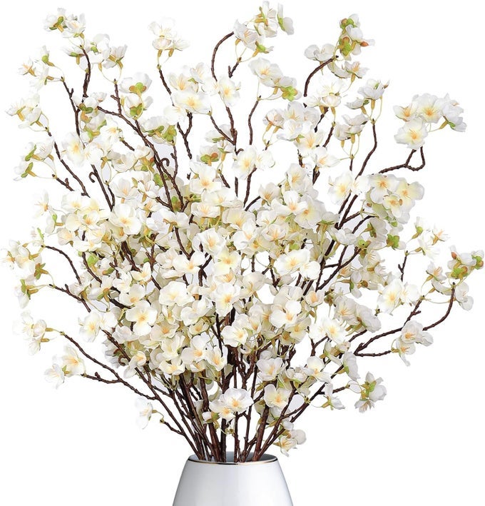 4PCS ARTIFICIAL CHERRY BLOSSOM BRANCHES WHITE PEACH FLOWERS 393IN SPRING FAKE PEACH BLOSSOM BRANCHES STEMS SILK FLORAL PICKS FAUX PLUM BLOSSOM FOR VASE WEDDING BOUQUETS PARTY TABLE DECOR