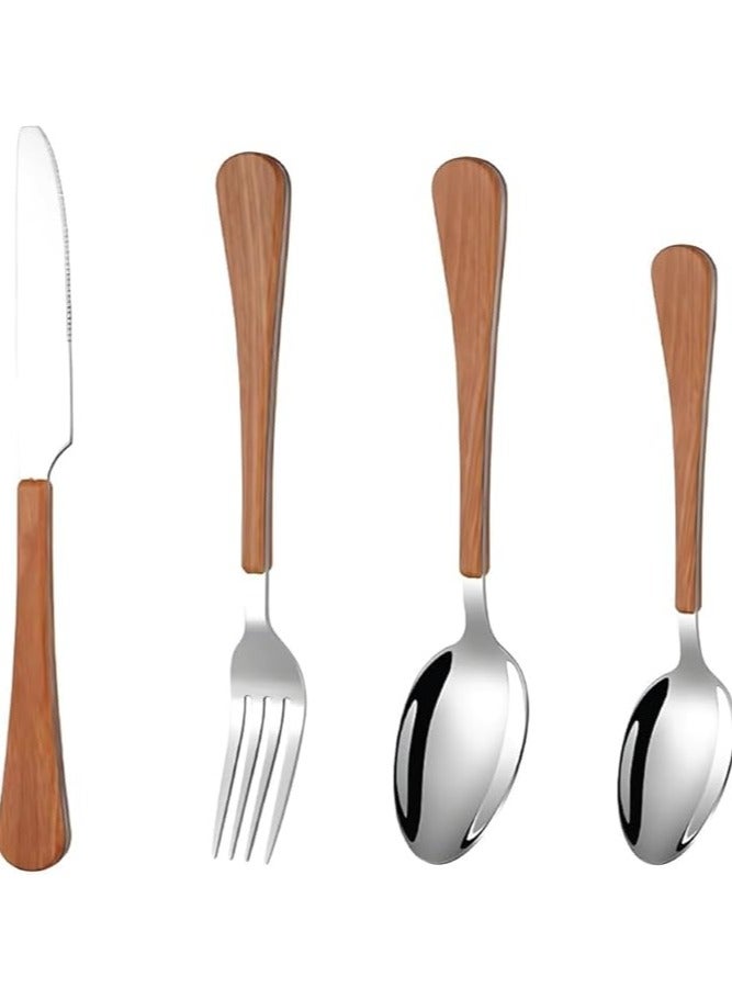 بيرام طقم أدوات مائدة بِرام سيلفر الممزوجة بالأخشاب – 4 قطع من الستانلس ستيل مع مقابض خشبية – أدوات مائدة أنيقة للاستخدام المنزلي واليومي - Image 1