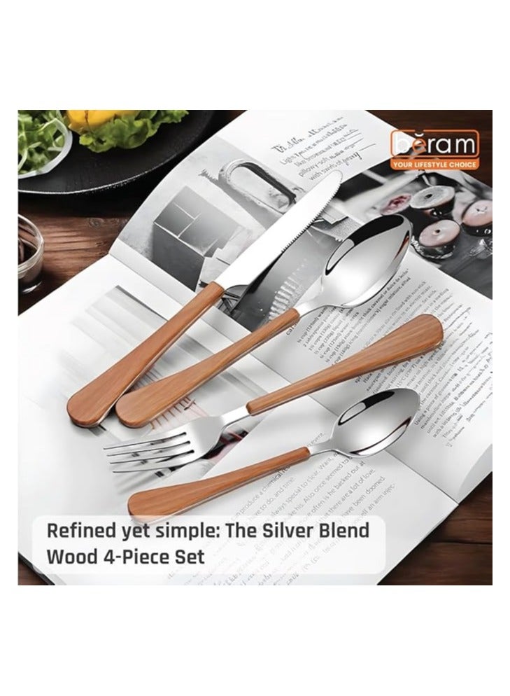 بيرام طقم أدوات مائدة بِرام سيلفر الممزوجة بالأخشاب – 4 قطع من الستانلس ستيل مع مقابض خشبية – أدوات مائدة أنيقة للاستخدام المنزلي واليومي - Image 2