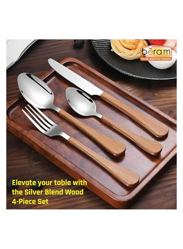 بيرام طقم أدوات مائدة بِرام سيلفر الممزوجة بالأخشاب – 4 قطع من الستانلس ستيل مع مقابض خشبية – أدوات مائدة أنيقة للاستخدام المنزلي واليومي - Image 3