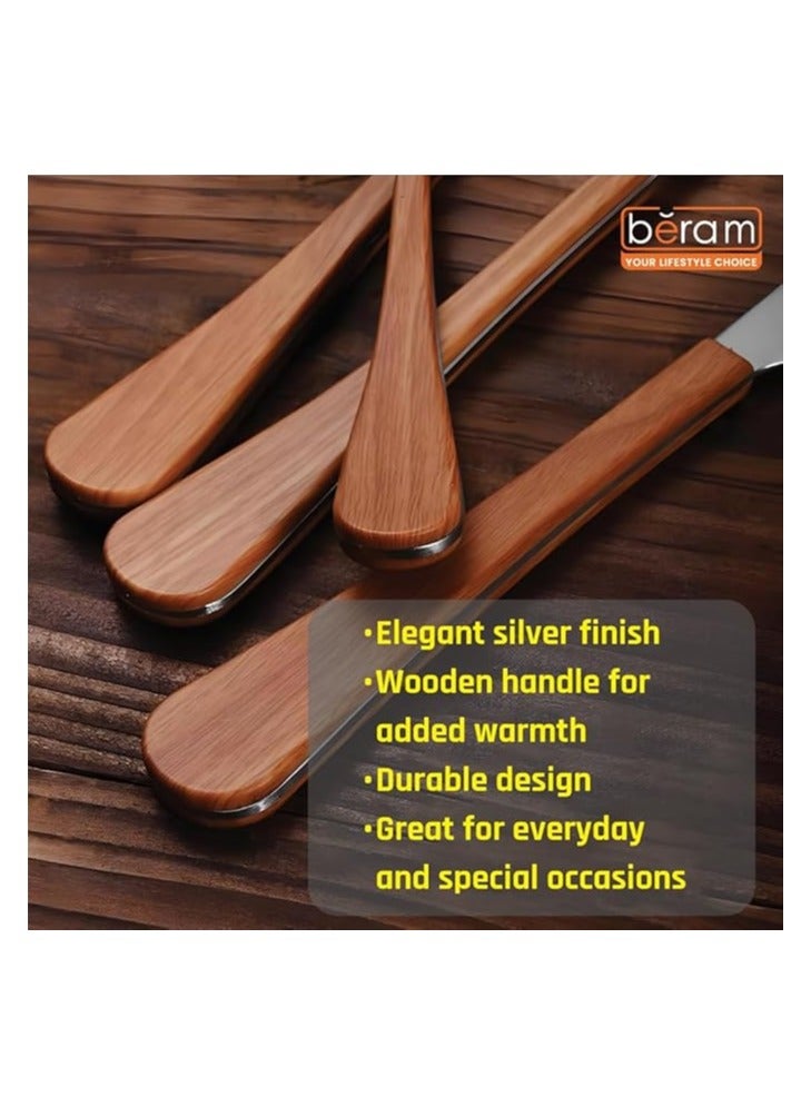 بيرام طقم أدوات مائدة بِرام سيلفر الممزوجة بالأخشاب – 4 قطع من الستانلس ستيل مع مقابض خشبية – أدوات مائدة أنيقة للاستخدام المنزلي واليومي - Image 5