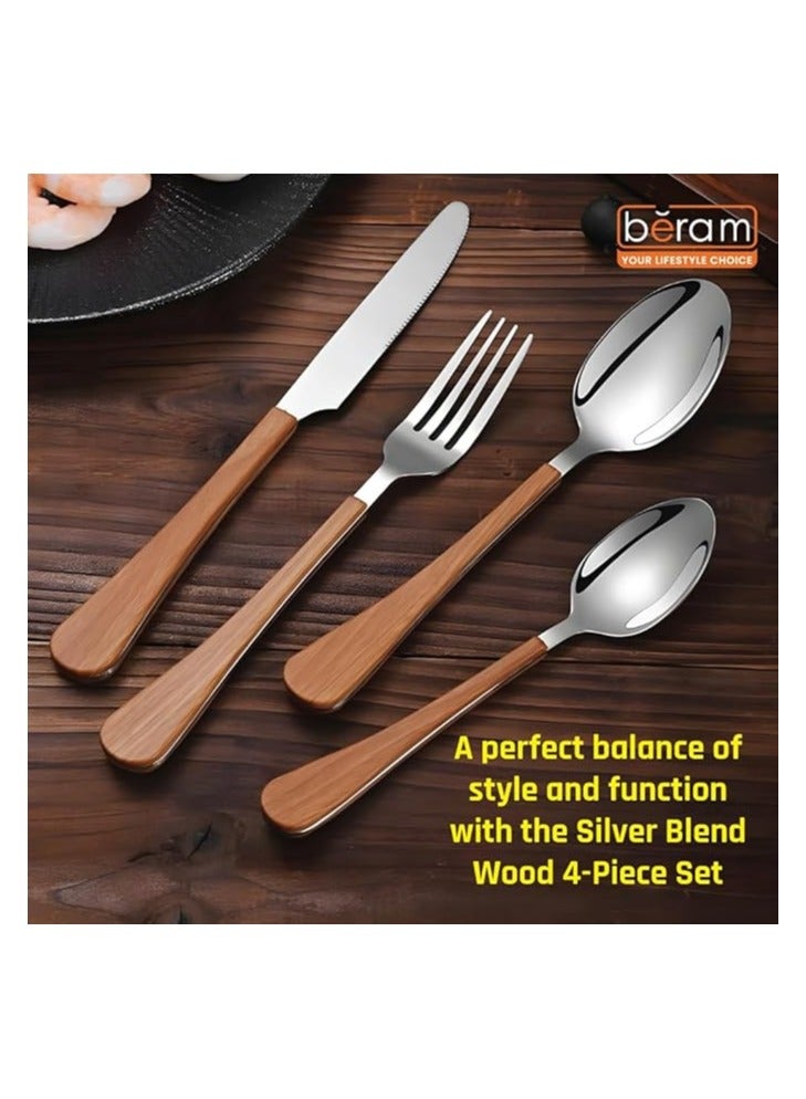 بيرام طقم أدوات مائدة بِرام سيلفر الممزوجة بالأخشاب – 4 قطع من الستانلس ستيل مع مقابض خشبية – أدوات مائدة أنيقة للاستخدام المنزلي واليومي - Image 4