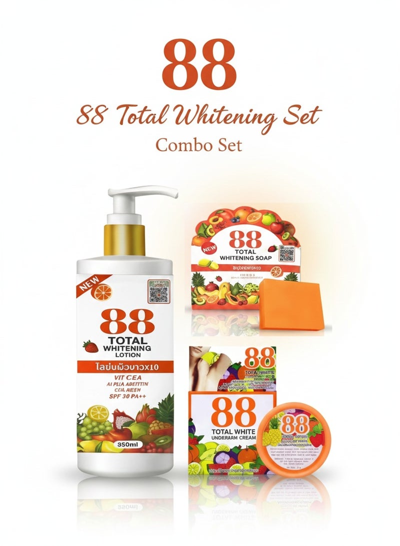 888 TOTAL WHITE 3 in 1 Combo Total White Cream Soap Body Lotion Skin Brightening Moisturizing Set with Collagen and Vitamin E