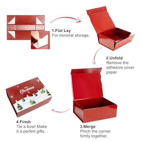 CHARMGIFTBOX Christmas Gift Boxes with Lids, 9x7x3.5 Inches Luxury Xmas Eve Gift Box, Collapsible Red Gift Boxes with Magnetic Closure for Presents Wrapping Gifts - Image 3