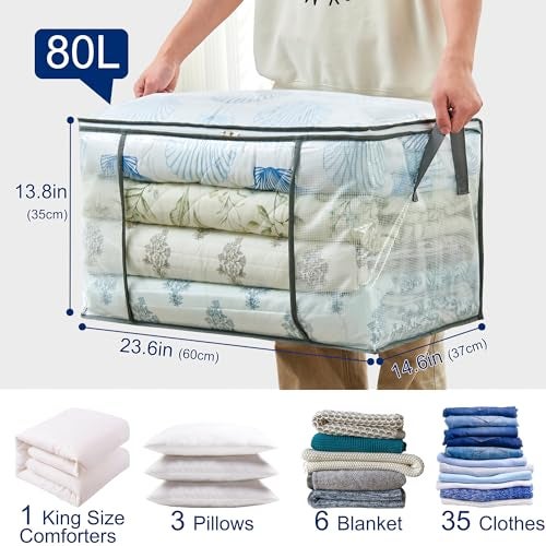 MKOKYD 80L Clear Large Storage Bag, Clothes Storage Containers for Organizing Closet, Bedroom, Underbed, Comforters, Clothing, Blankets, Pillow, Foldable Organizer with Sturdy Handle and Zippers (8) - Image 2