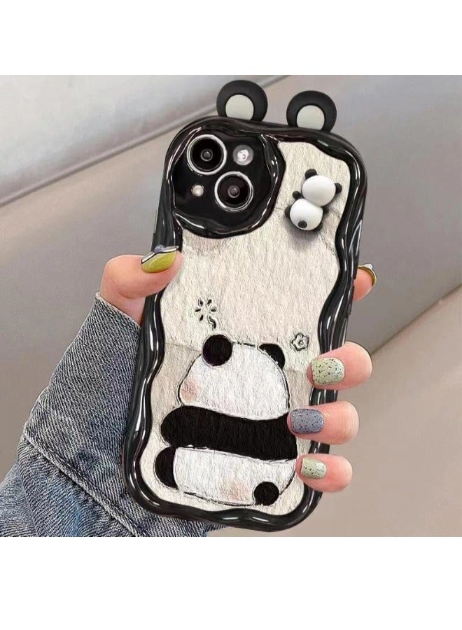 Cute Panda iPhone 14 Case Cartoon Animal 3D Ears Panda Wavy Edge Protector,Soft Silicone Back Phone Cover