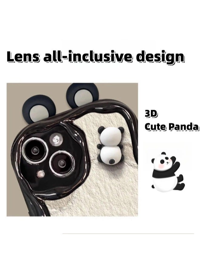 Cute Panda iPhone 14 Case Cartoon Animal 3D Ears Panda Wavy Edge Protector,Soft Silicone Back Phone Cover