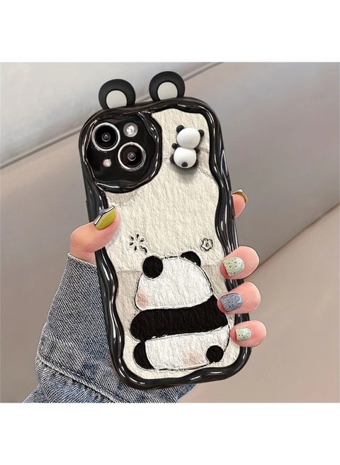 Cute Panda iPhone 14 Case Cartoon Animal 3D Ears Panda Wavy Edge Protector,Soft Silicone Back Phone Cover