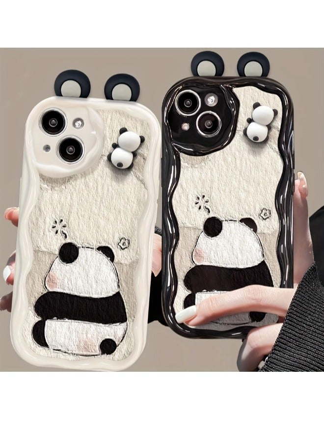 Cute Panda iPhone 14 Case Cartoon Animal 3D Ears Panda Wavy Edge Protector,Soft Silicone Back Phone Cover