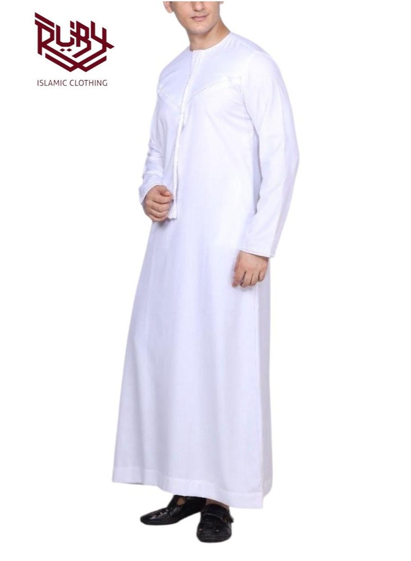 RUBY ISLAMIC CLOTHING Classic White Emirati Thobe for Men with Zipper & Intricate Embroidery Men's Kaftan Round Neck Long Sleeve Saudi Arabian Muslin Robe  - Image 1