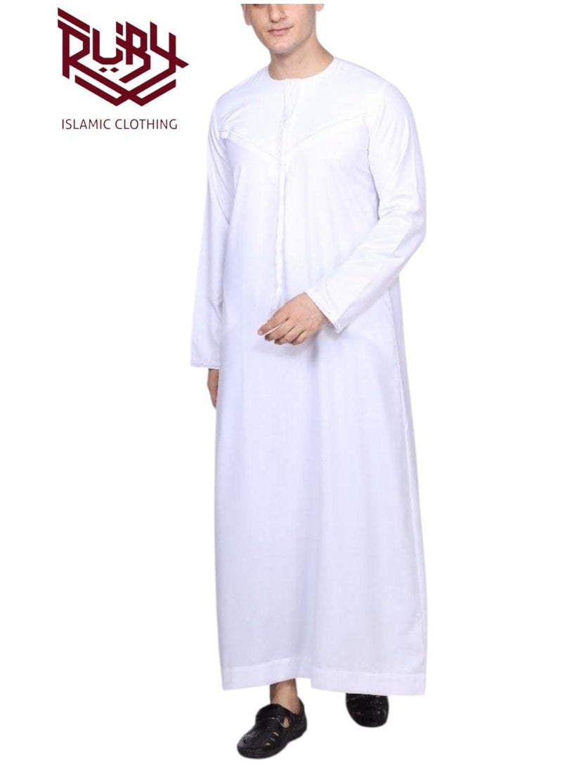 RUBY ISLAMIC CLOTHING Classic White Emirati Thobe for Men with Zipper & Intricate Embroidery Men's Kaftan Round Neck Long Sleeve Saudi Arabian Muslin Robe  - Image 2