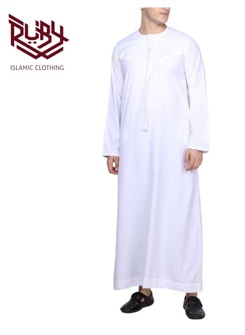 RUBY ISLAMIC CLOTHING Classic White Emirati Thobe for Men with Zipper & Intricate Embroidery Men's Kaftan Round Neck Long Sleeve Saudi Arabian Muslin Robe  - Image 3