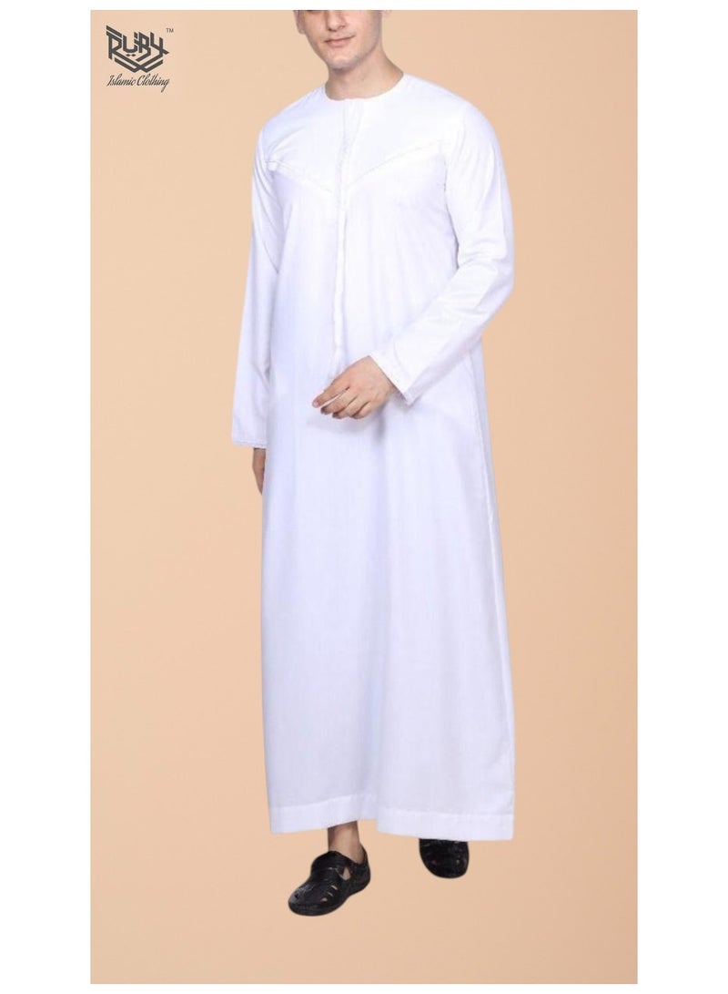 روبي للملابس الإسلامية ثوب إماراتي أبيض كلاسيكي للرجال مع سحاب وتطريز معقد، كندورة، قفطان، برقبة دائرية، بأكمام طويلة، رداء مصلي سعودي - Image 3