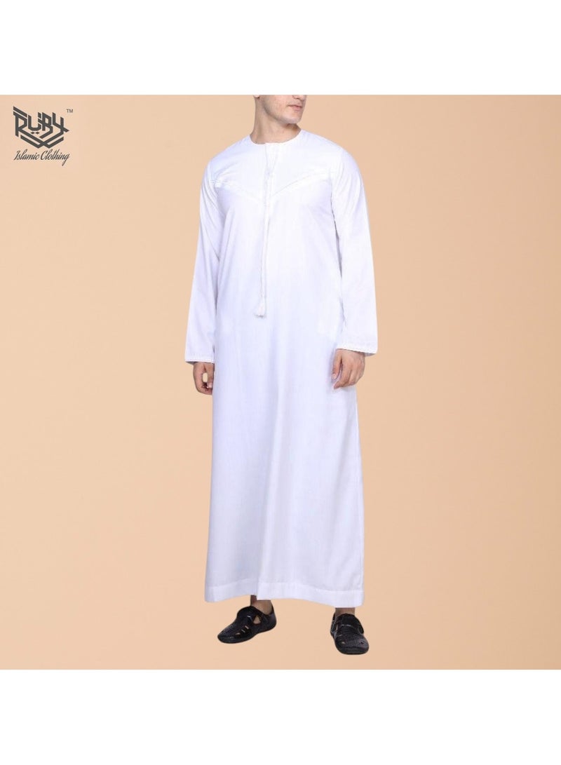 روبي للملابس الإسلامية ثوب إماراتي أبيض كلاسيكي للرجال مع سحاب وتطريز معقد، كندورة، قفطان، برقبة دائرية، بأكمام طويلة، رداء مصلي سعودي - Image 2