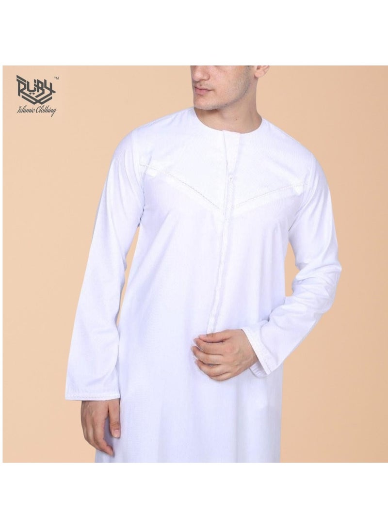 روبي للملابس الإسلامية ثوب إماراتي أبيض كلاسيكي للرجال مع سحاب وتطريز معقد، كندورة، قفطان، برقبة دائرية، بأكمام طويلة، رداء مصلي سعودي - Image 4
