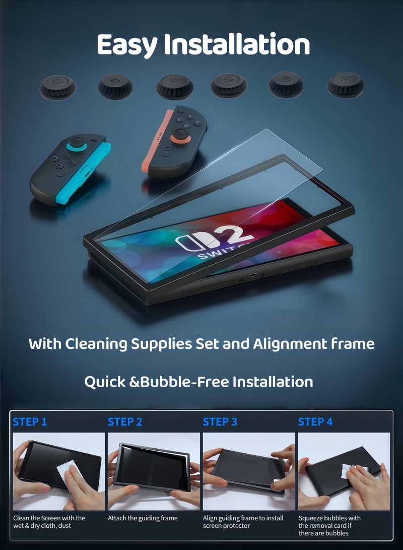 CoolRabbie 2-Pack Tempered Glass Screen Protector for Nintendo Switch 2 (2025)Anti-Glare with Auto-Alignment,Anti Blue Light 9H Glass Matte Switch2 Screen Protector,Dust Free,Bubble-Free,Ultra-Clear,With 6 Pcs Thumb Grip Caps for Joy-Con 2 Controllers,Black,3 Pairs(6pcs) - Image 3