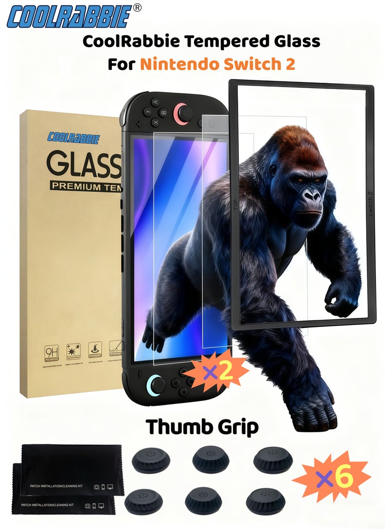 CoolRabbie 2-Pack Tempered Glass Screen Protector for Nintendo Switch 2 (2025)Anti-Glare with Auto-Alignment,Anti Blue Light 9H Glass Matte Switch2 Screen Protector,Dust Free,Bubble-Free,Ultra-Clear,With 6 Pcs Thumb Grip Caps for Joy-Con 2 Controllers,Black,3 Pairs(6pcs) - Image 1