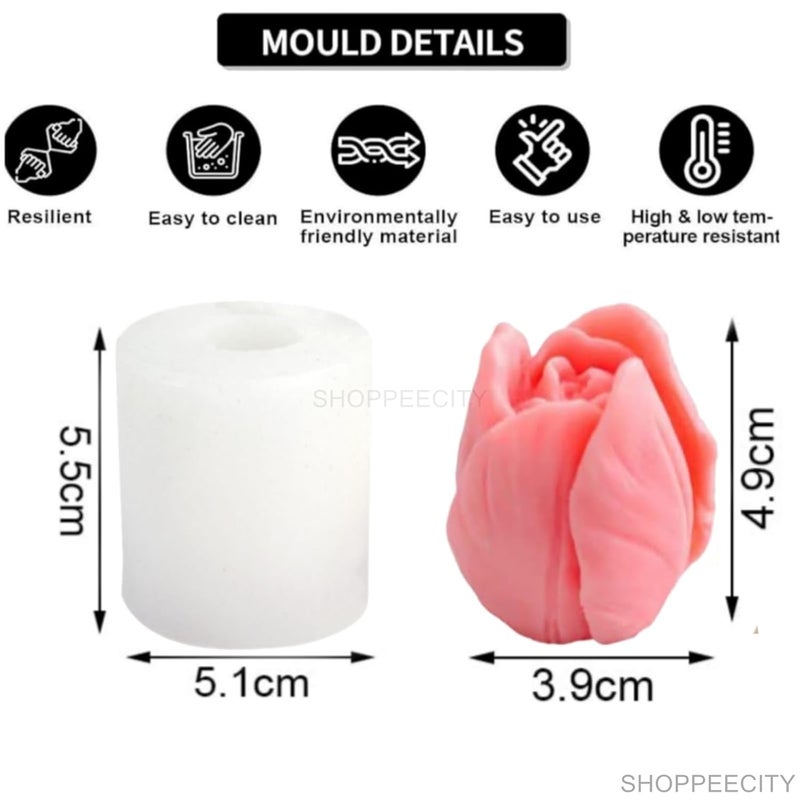 ShoppeeCity قالب شمعة على شكل زهرة توليب روز برعم من سيليكون لصنع الشموع 3D شكل زهرة روز بلوم قالب سيليكون لصنع الشوكولاتة اليدوية والحلويات والصابون والكعك وعلاج الروائح والفن بالراتنج وصنع الحرف اليدوية وتزيين الحفلات في المنزل B - Image 2