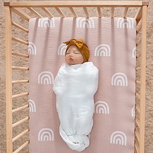 Meracorallo Muslin Fitted Crib Sheet, Soft and Breathable Rainbow Baby Crib Sheet for Standard Crib and Toddler Mattresses - Image 2